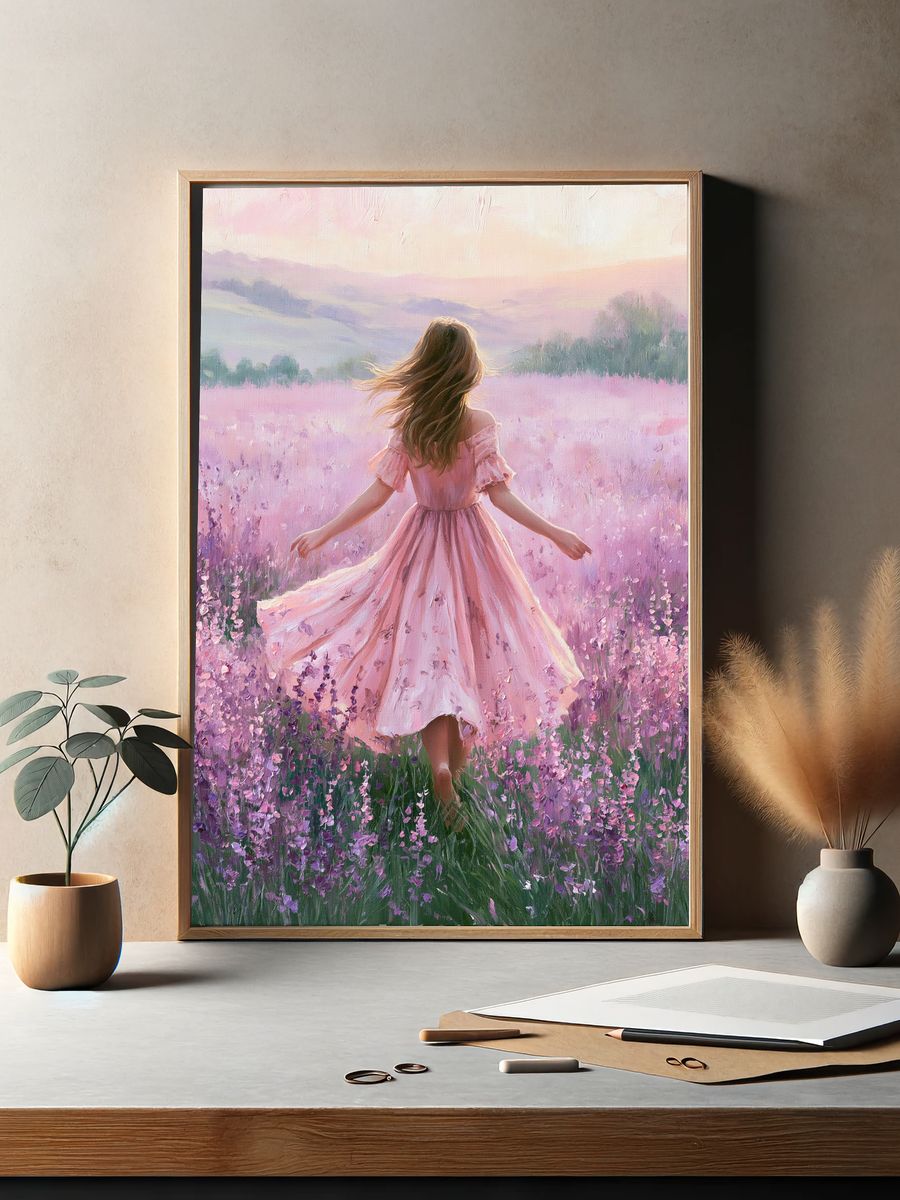 Girl in Lavender Field Illustration Poster. — room view 2