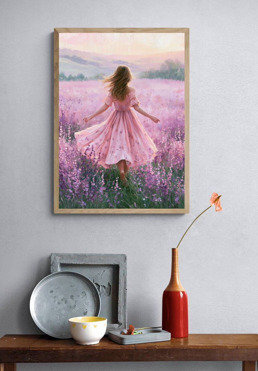 Girl in Lavender Field Illustration Poster. — room view 3