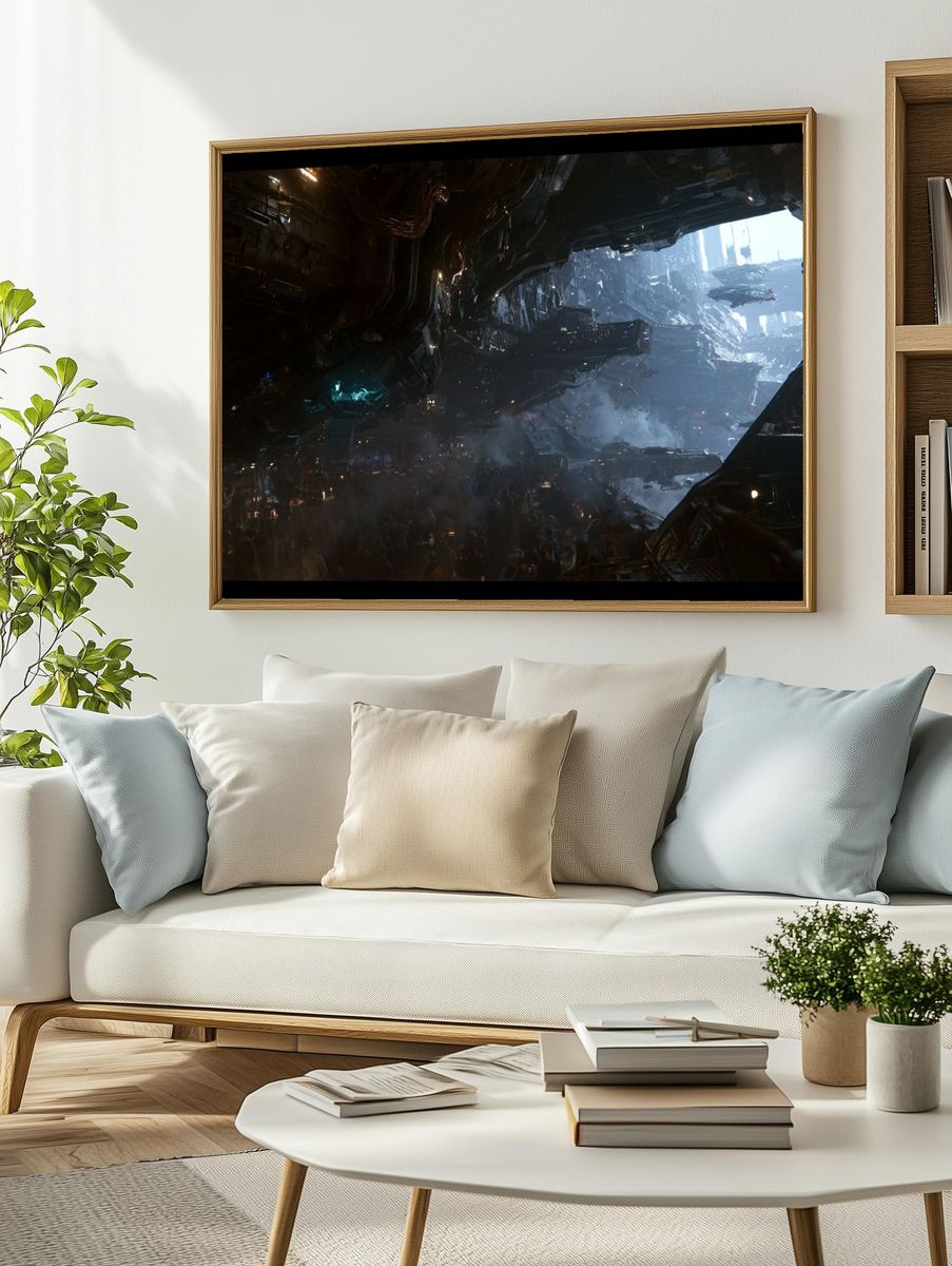 Cyberpunk Hangar Cityscape Poster. — room view 2