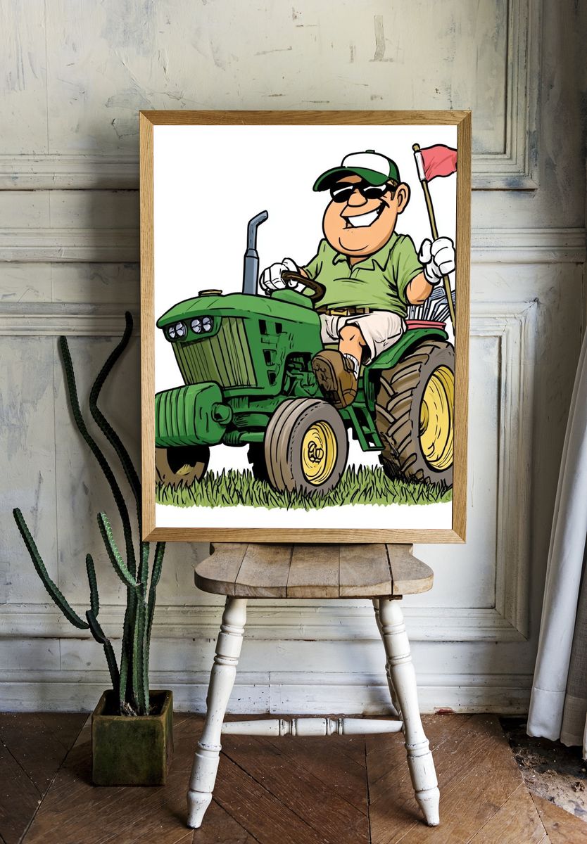 Cartoon Golf Tractor Illustration Poster. room preview