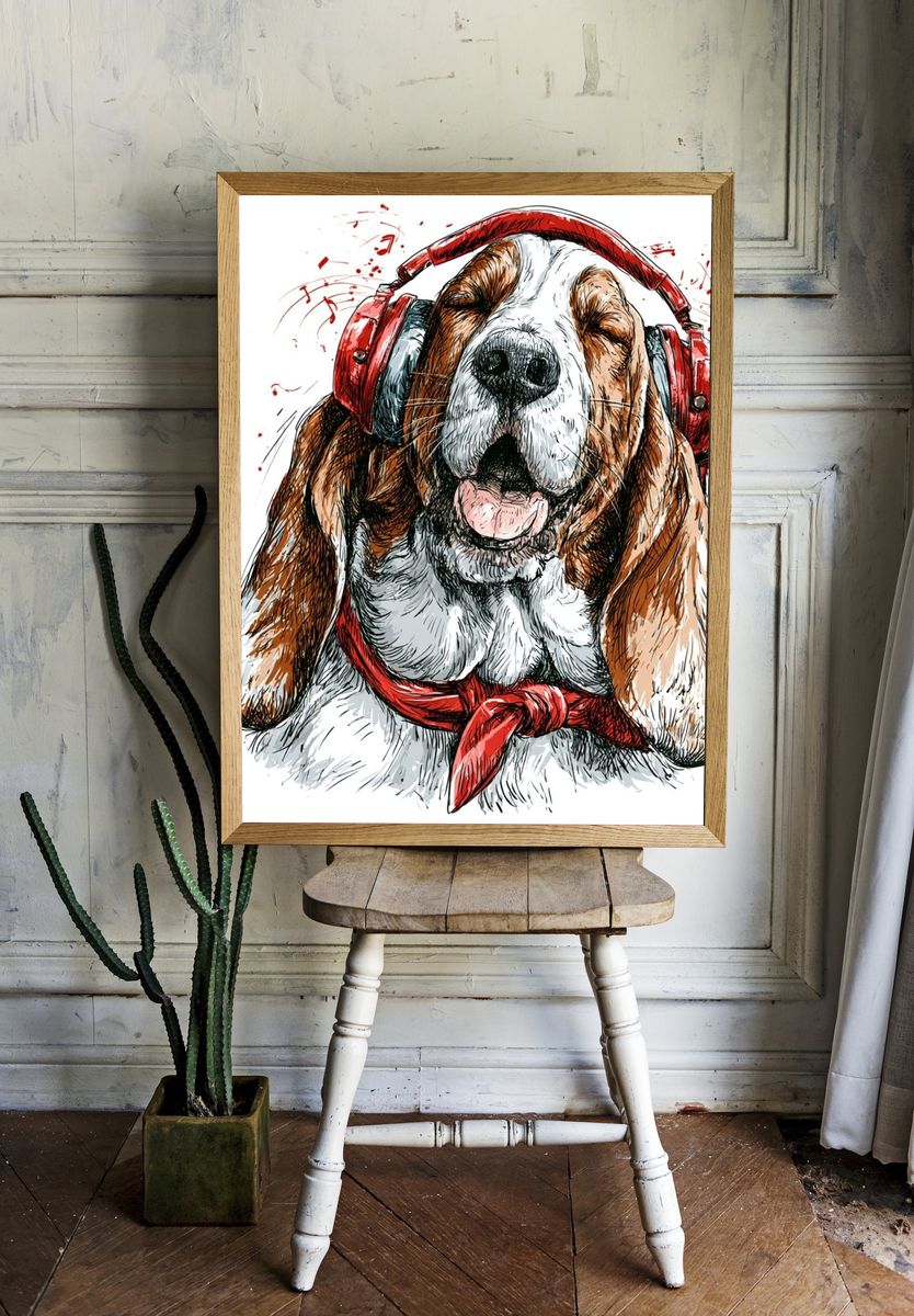 Headphone Basset Hound Illustration Poster. — room view 1