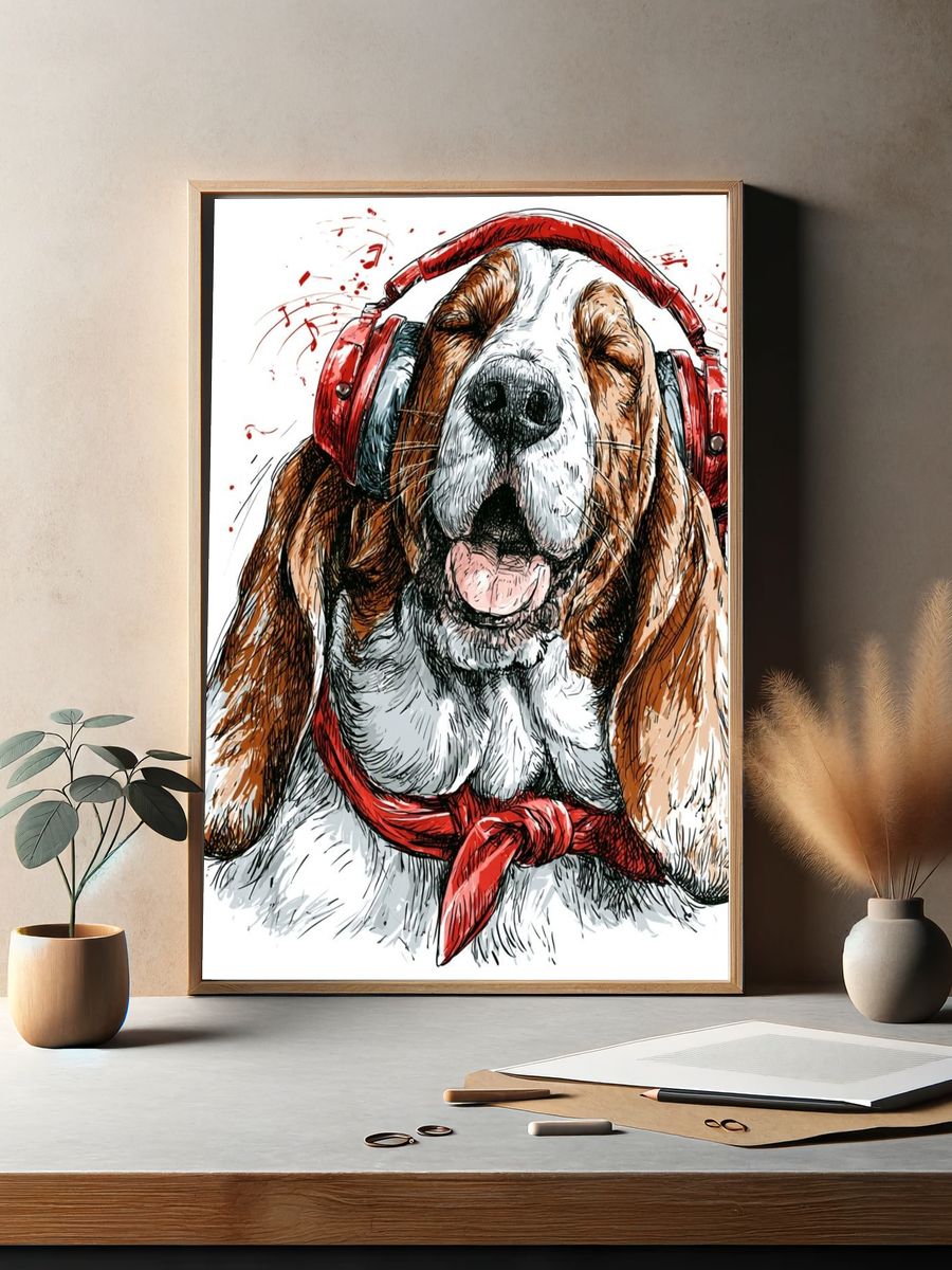 Headphone Basset Hound Illustration Poster. — room view 2