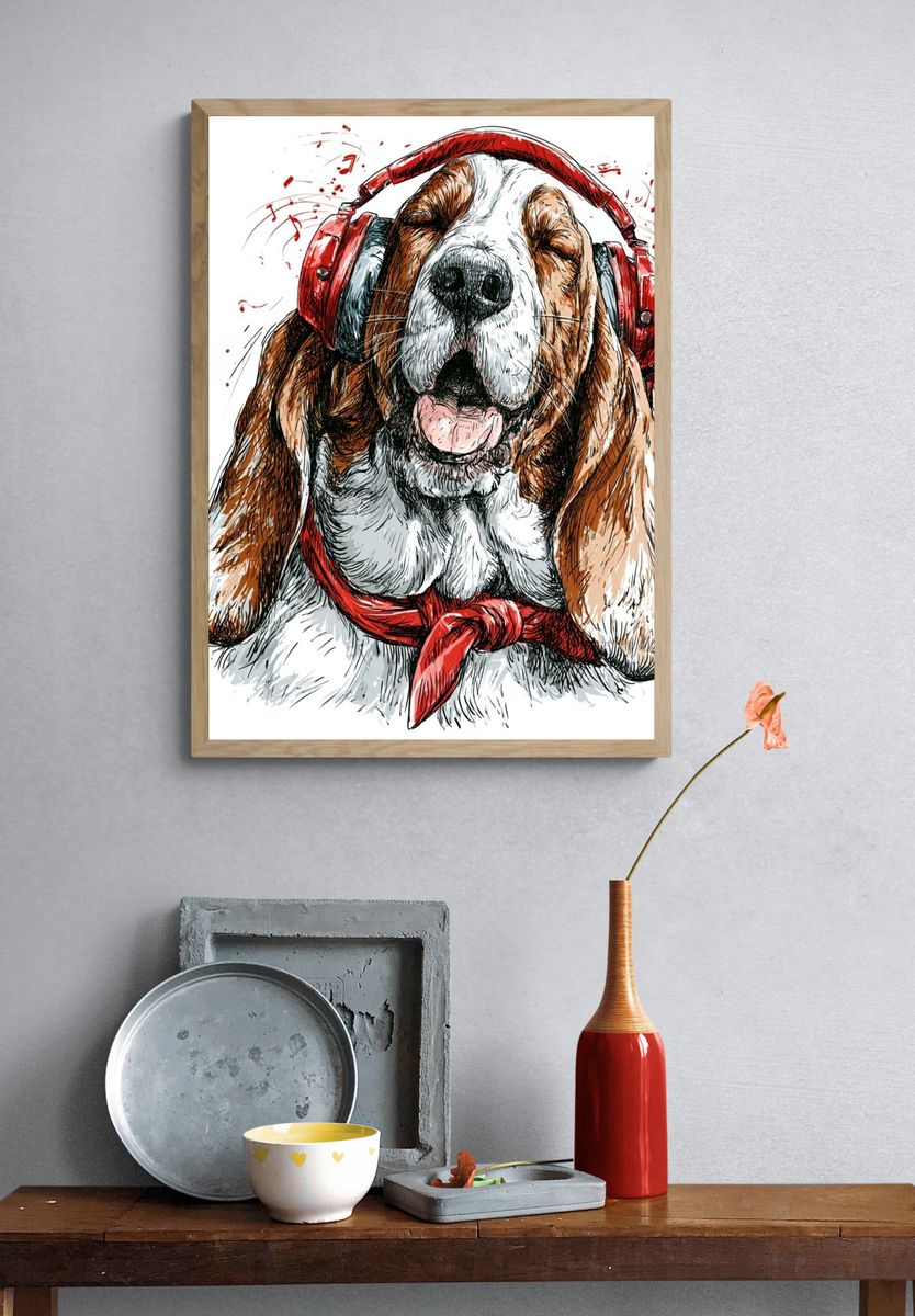 Headphone Basset Hound Illustration Poster. — room view 3