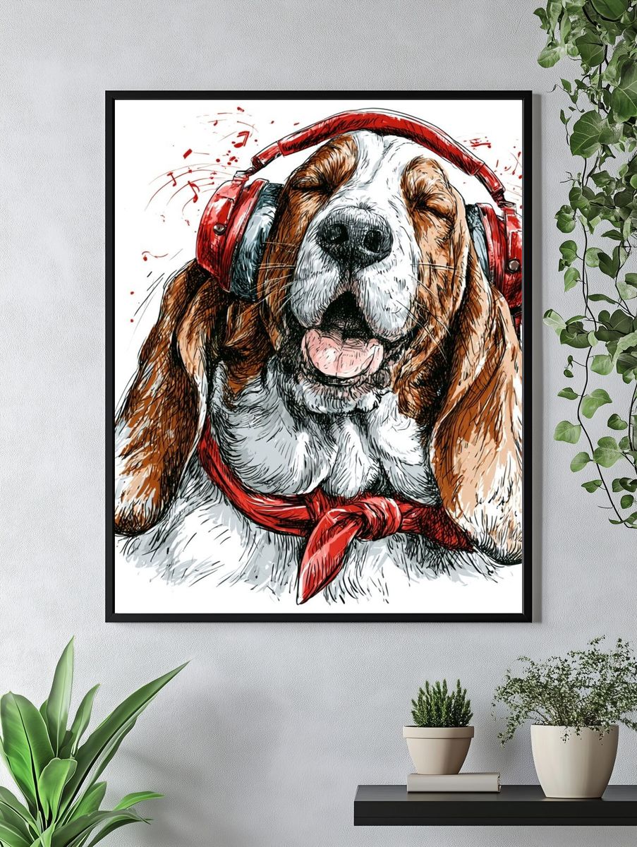 Headphone Basset Hound Illustration Poster. — room view 4