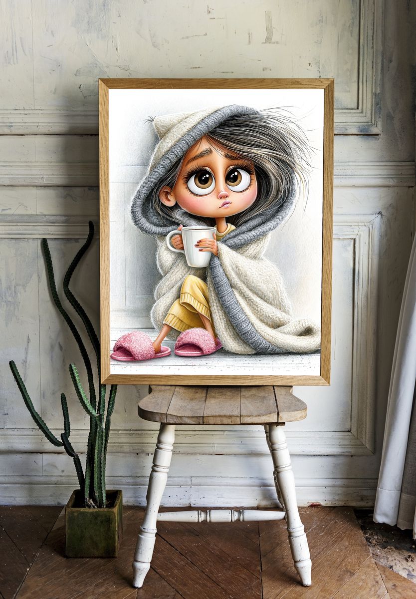 Cozy Girl with Mug Illustration Poster. — room view 1