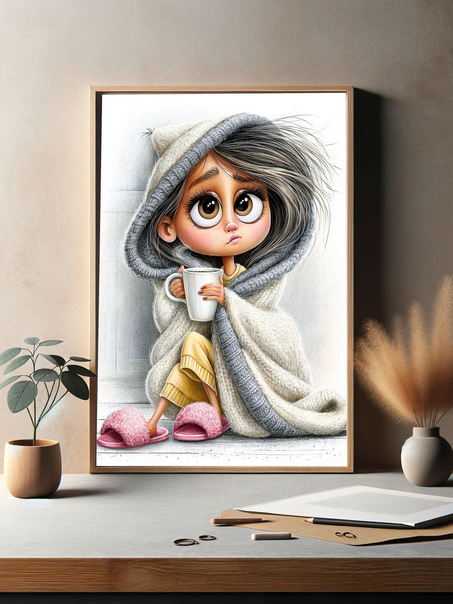 Cozy Girl with Mug Illustration Poster. — room view 2