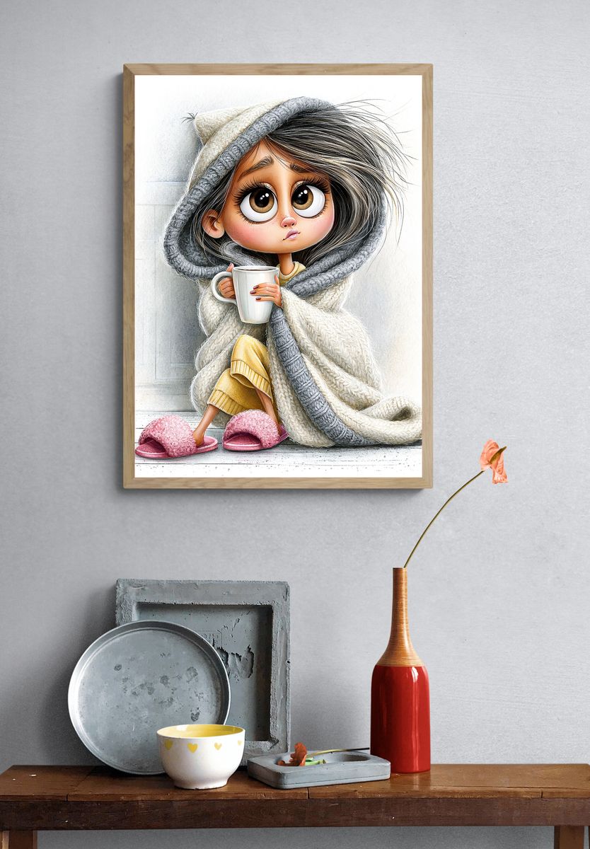 Cozy Girl with Mug Illustration Poster. — room view 3