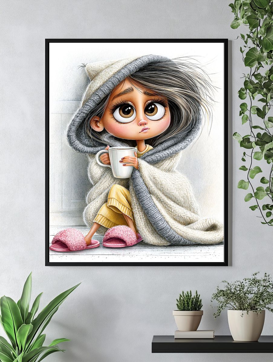 Cozy Girl with Mug Illustration Poster. — room view 4