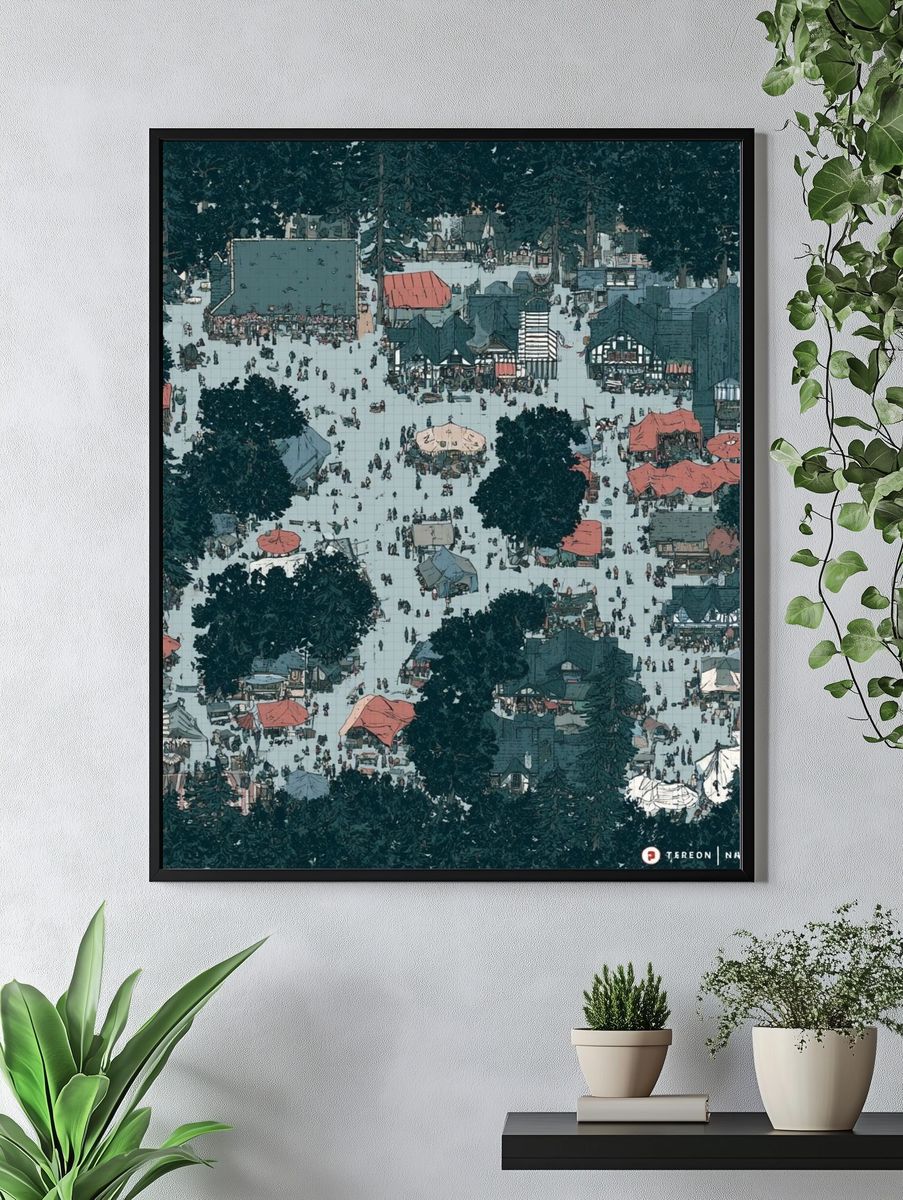 Forest Village Market Illustration Poster. — room view 4