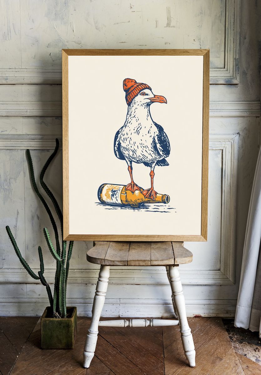 Seagull on Bottle Illustration Poster. room preview
