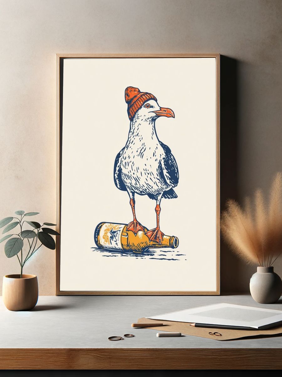 Seagull on Bottle Illustration Poster. — room view 2