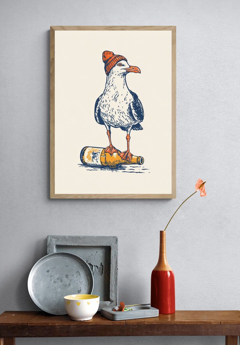 Seagull on Bottle Illustration Poster. — room view 3
