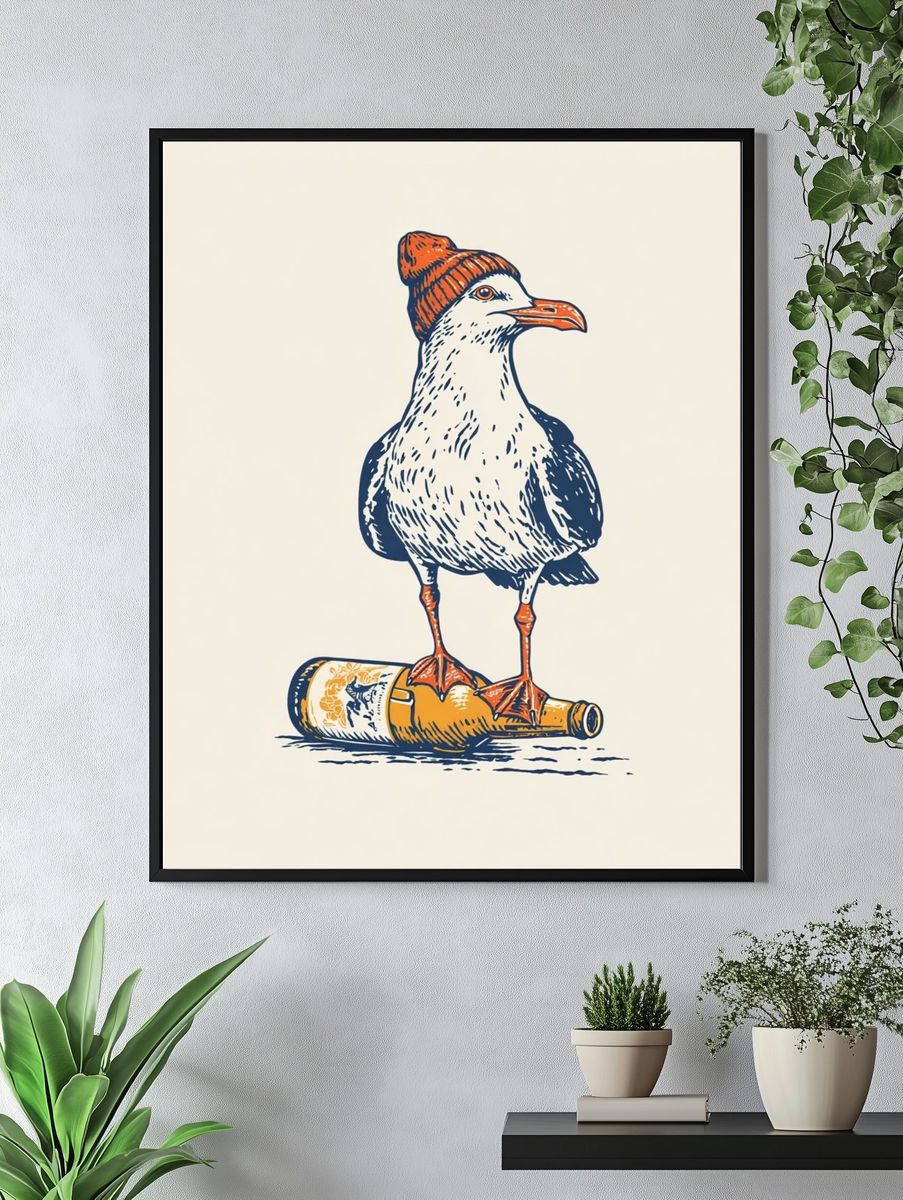 Seagull on Bottle Illustration Poster. — room view 4