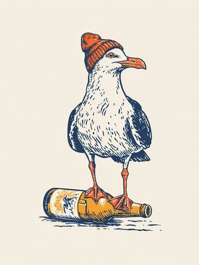Seagull on Bottle Illustration Poster.