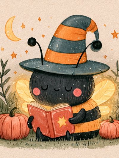 Cute Witch Bee Watercolor Poster.