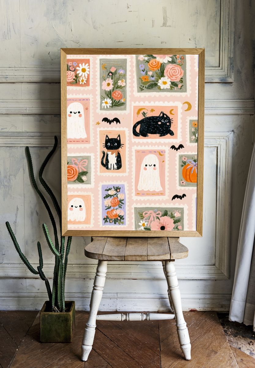 Halloween Cats and Ghosts Illustration Poster. room preview