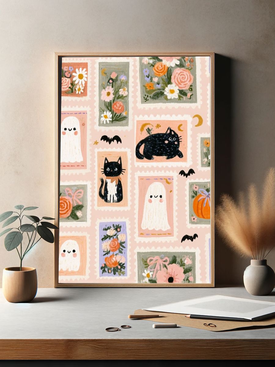 Halloween Cats and Ghosts Illustration Poster. — room view 2
