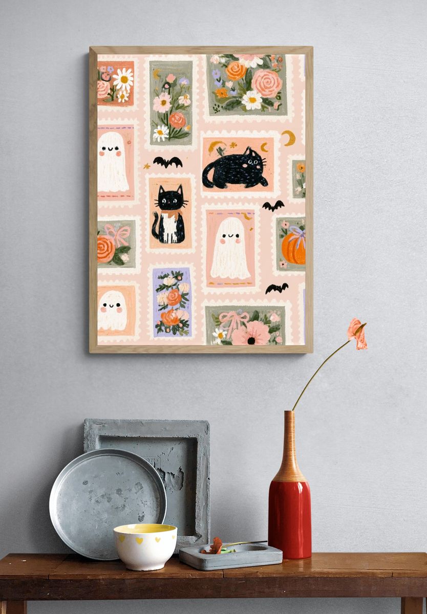 Halloween Cats and Ghosts Illustration Poster. — room view 3