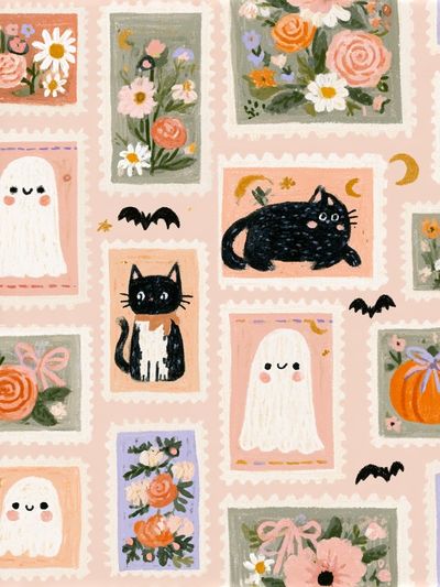 Halloween Cats and Ghosts Illustration Poster.