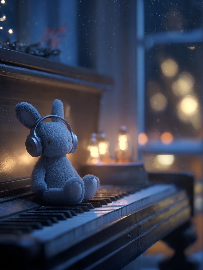 Teddy Bunny on Piano Illustration Print. poster detail
