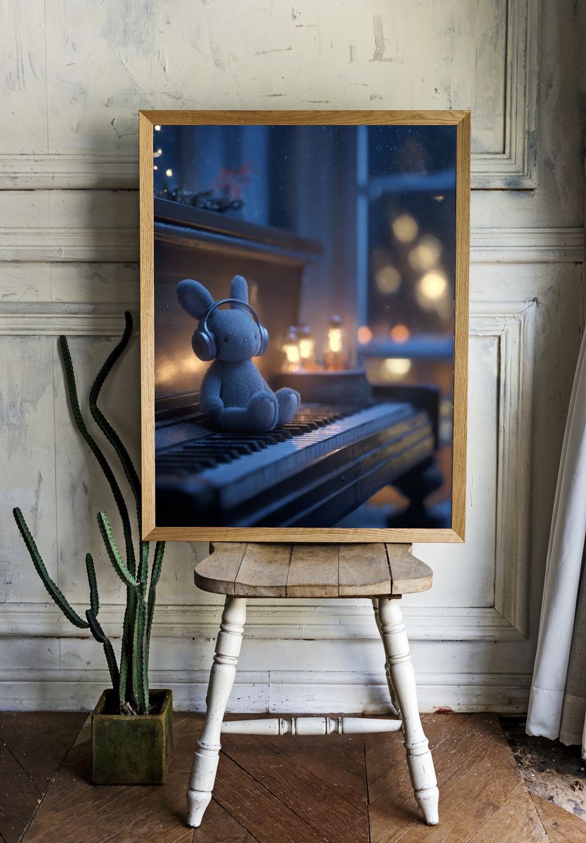 Teddy Bunny on Piano Illustration Print. room preview