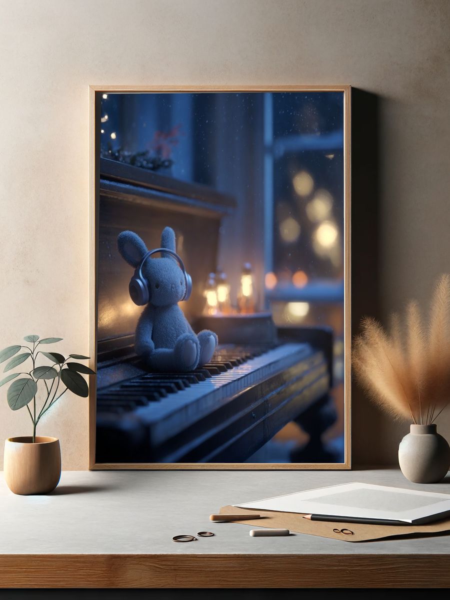 Teddy Bunny on Piano Illustration Print. — room view 2