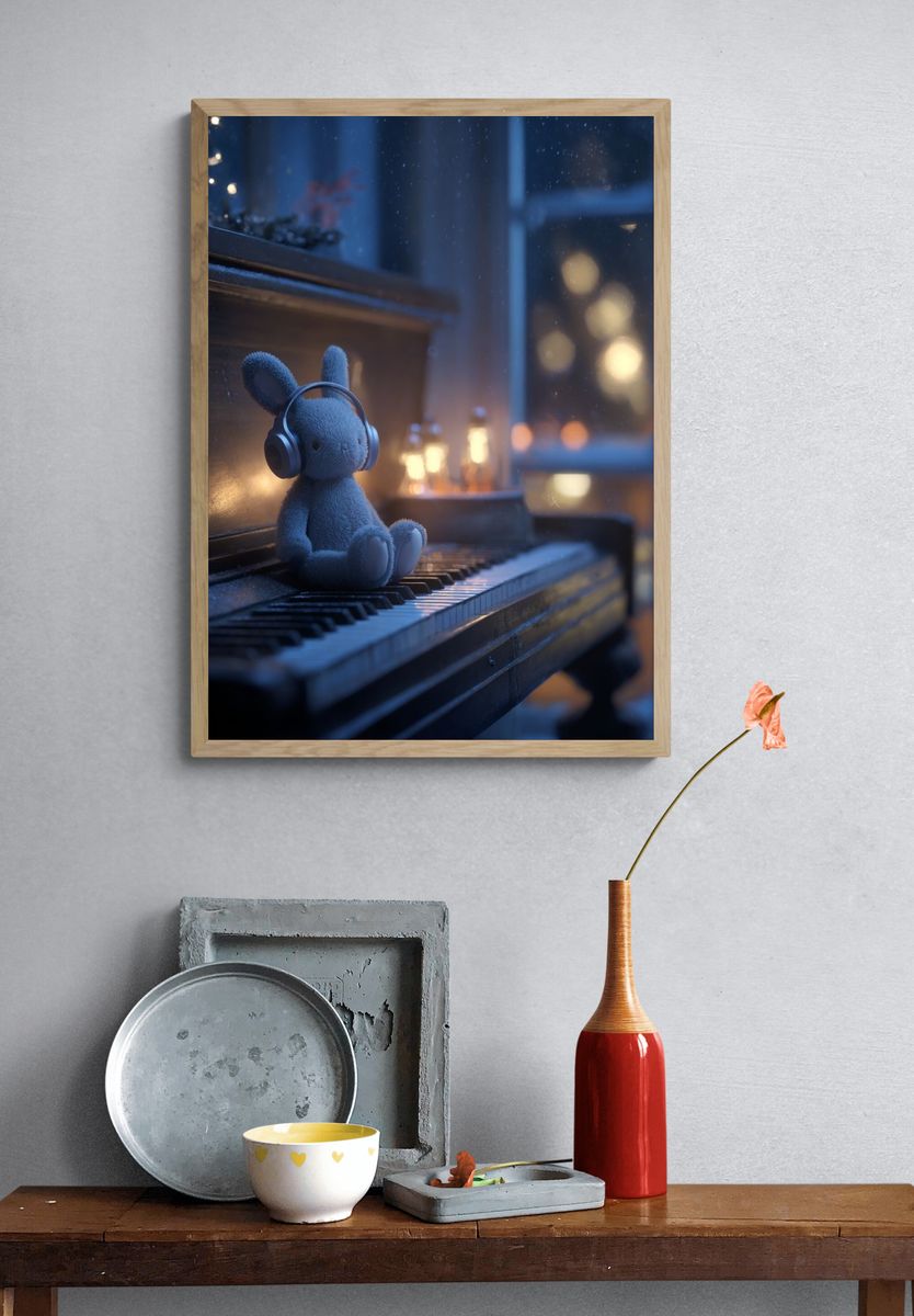 Teddy Bunny on Piano Illustration Print. — room view 3