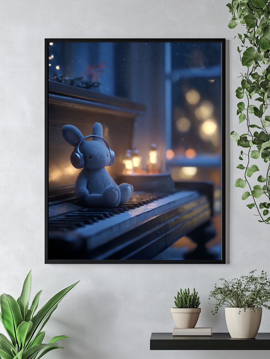 Teddy Bunny on Piano Illustration Print. — room view 4