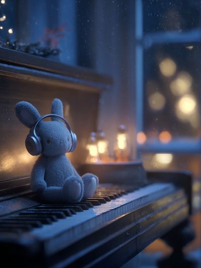 Teddy Bunny on Piano Illustration Print.