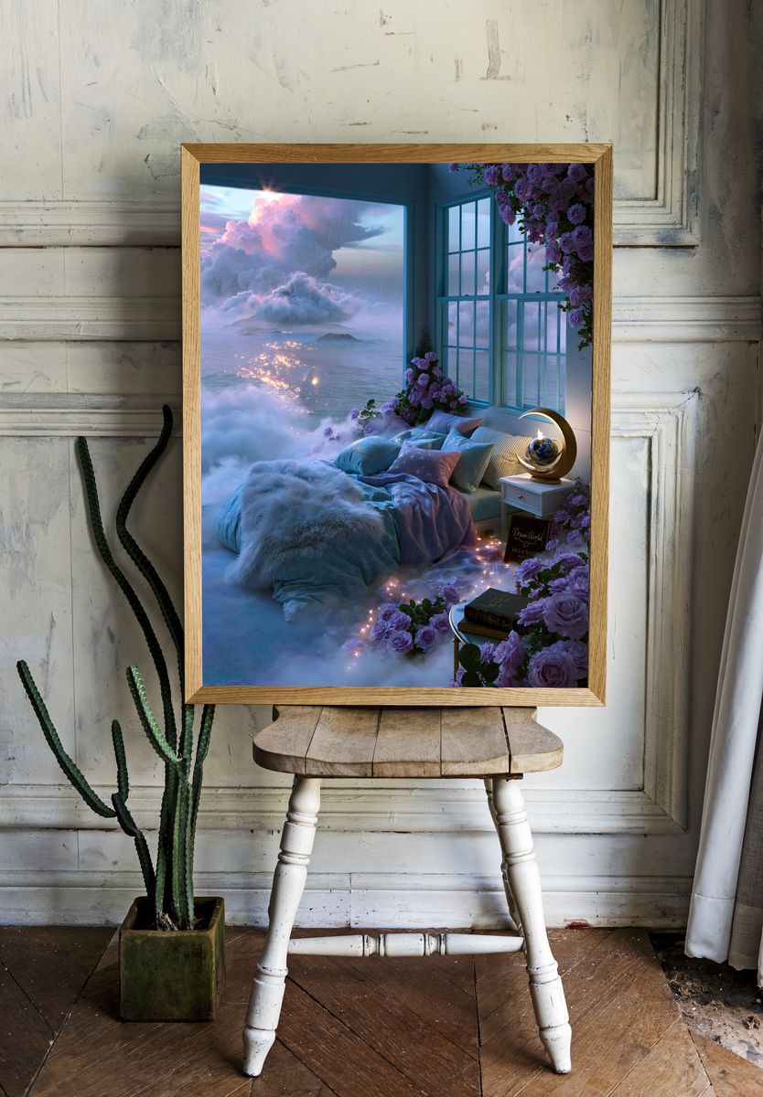 Dreamy Cloud Bedroom Illustration Print. — room view 1