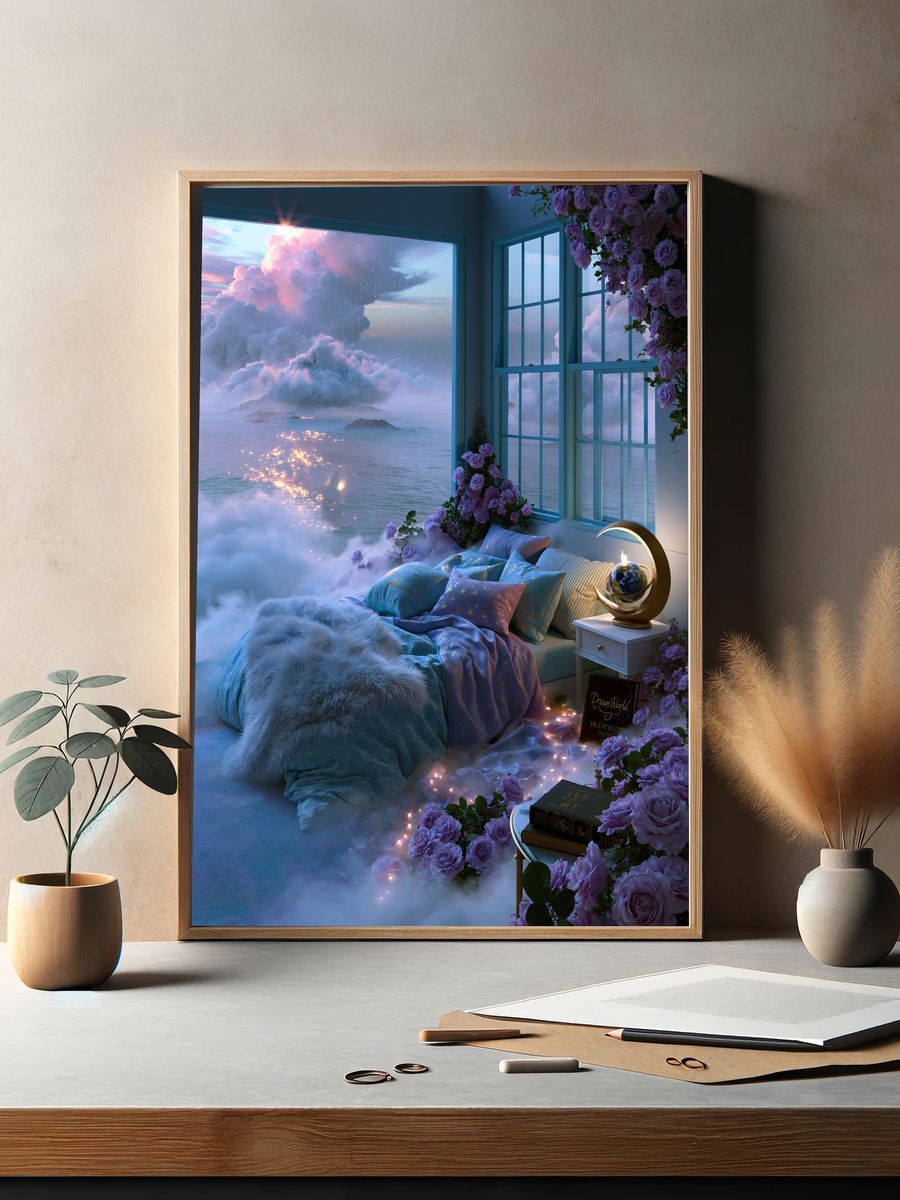 Dreamy Cloud Bedroom Illustration Print. — room view 2