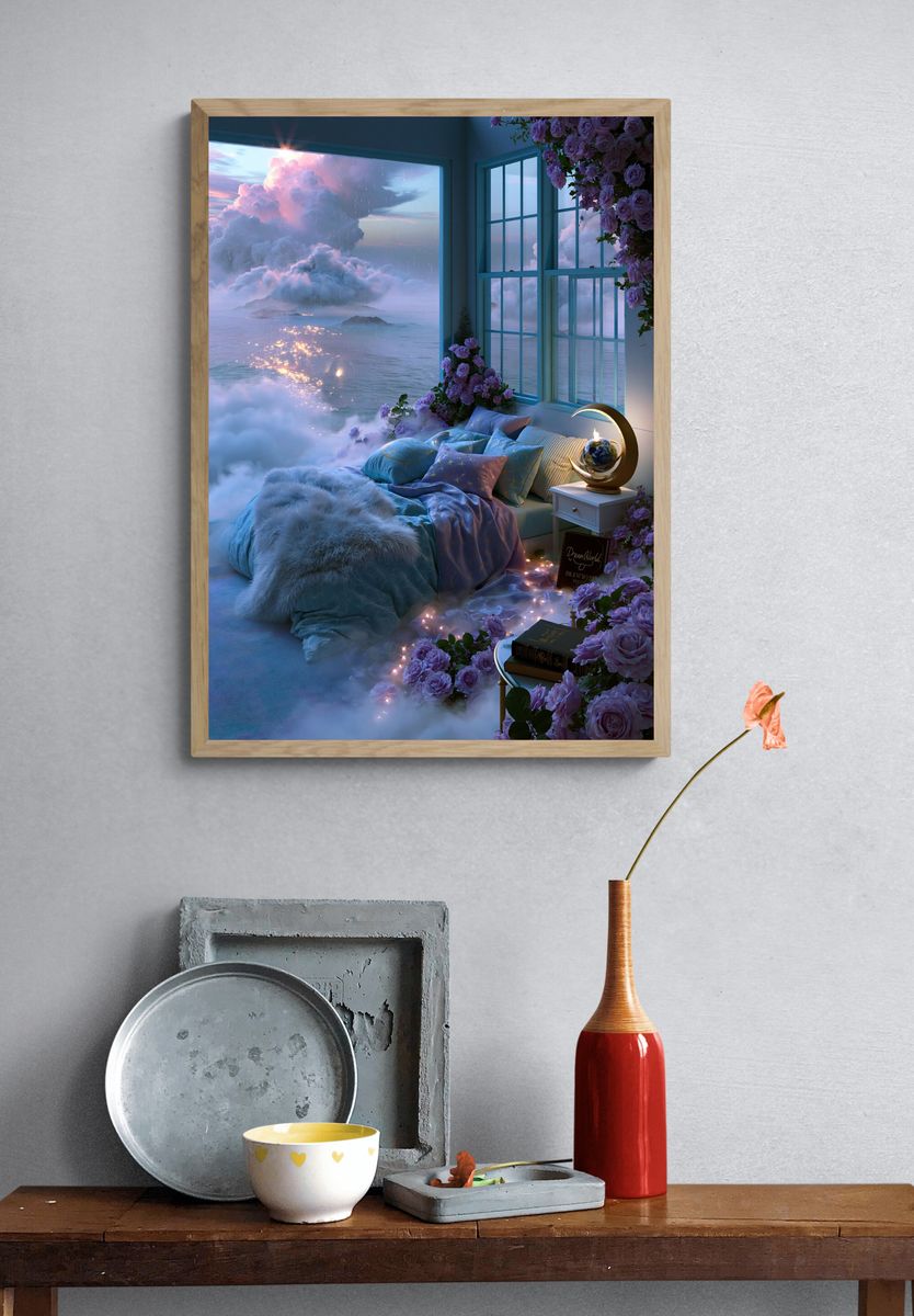 Dreamy Cloud Bedroom Illustration Print. — room view 3