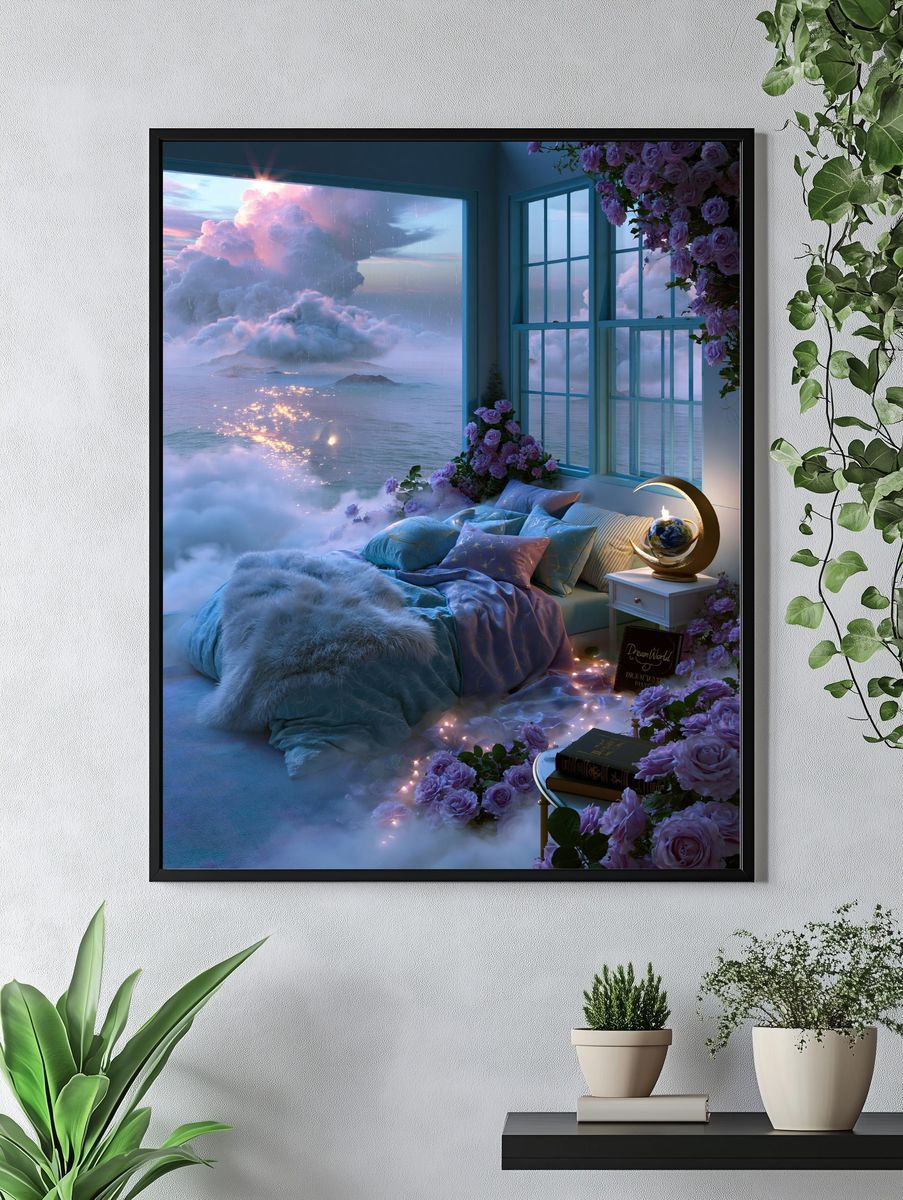 Dreamy Cloud Bedroom Illustration Print. — room view 4