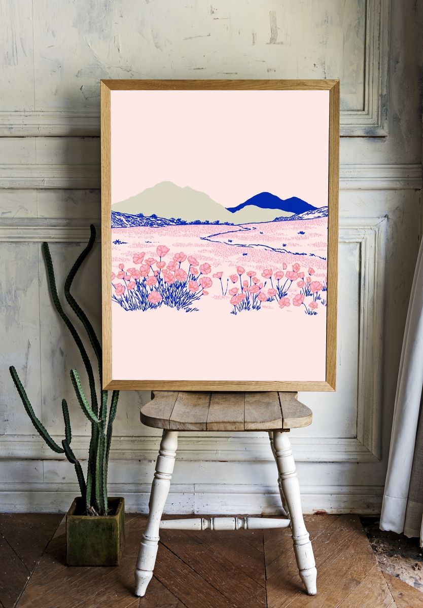 Pink Wildflower Landscape Illustration Poster. — room view 1