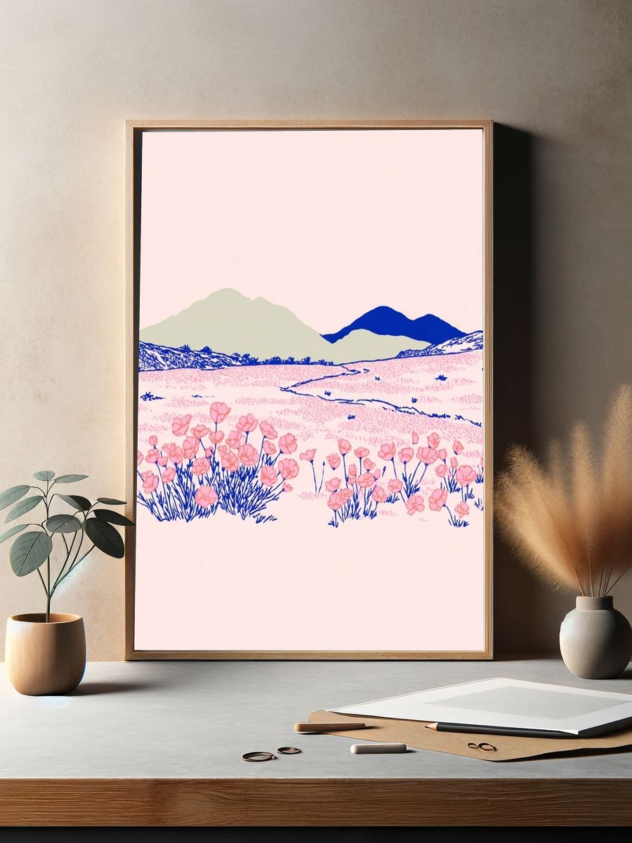 Pink Wildflower Landscape Illustration Poster. — room view 2