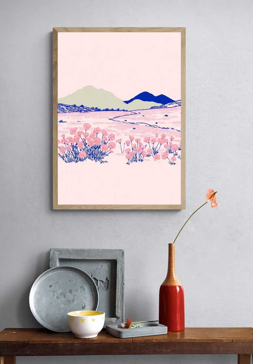 Pink Wildflower Landscape Illustration Poster. — room view 3
