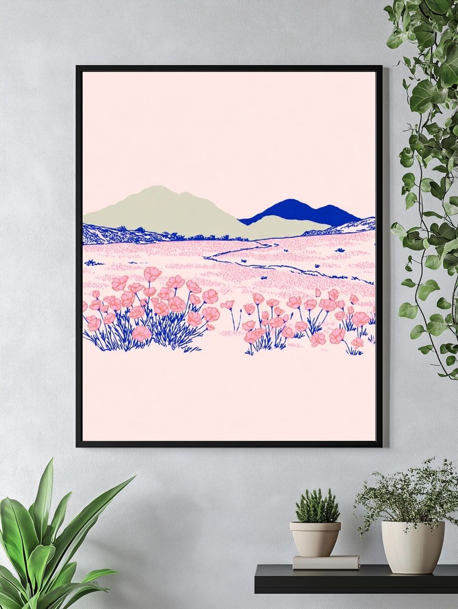 Pink Wildflower Landscape Illustration Poster. — room view 4