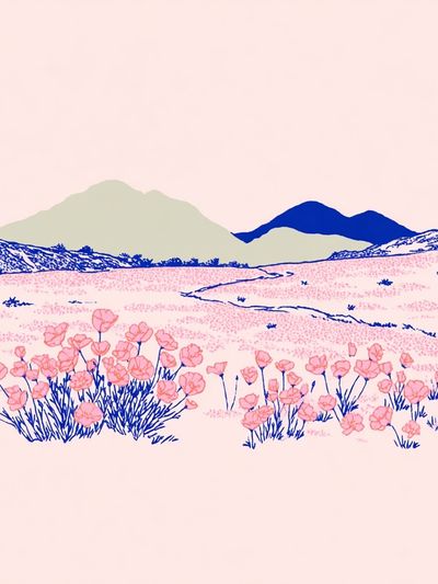 Pink Wildflower Landscape Illustration Poster.
