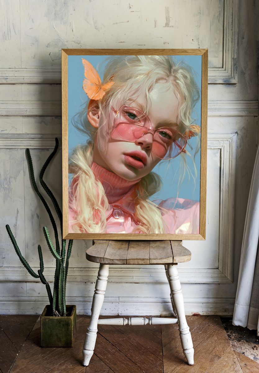 Pastel Butterfly Girl Portrait Print. room preview