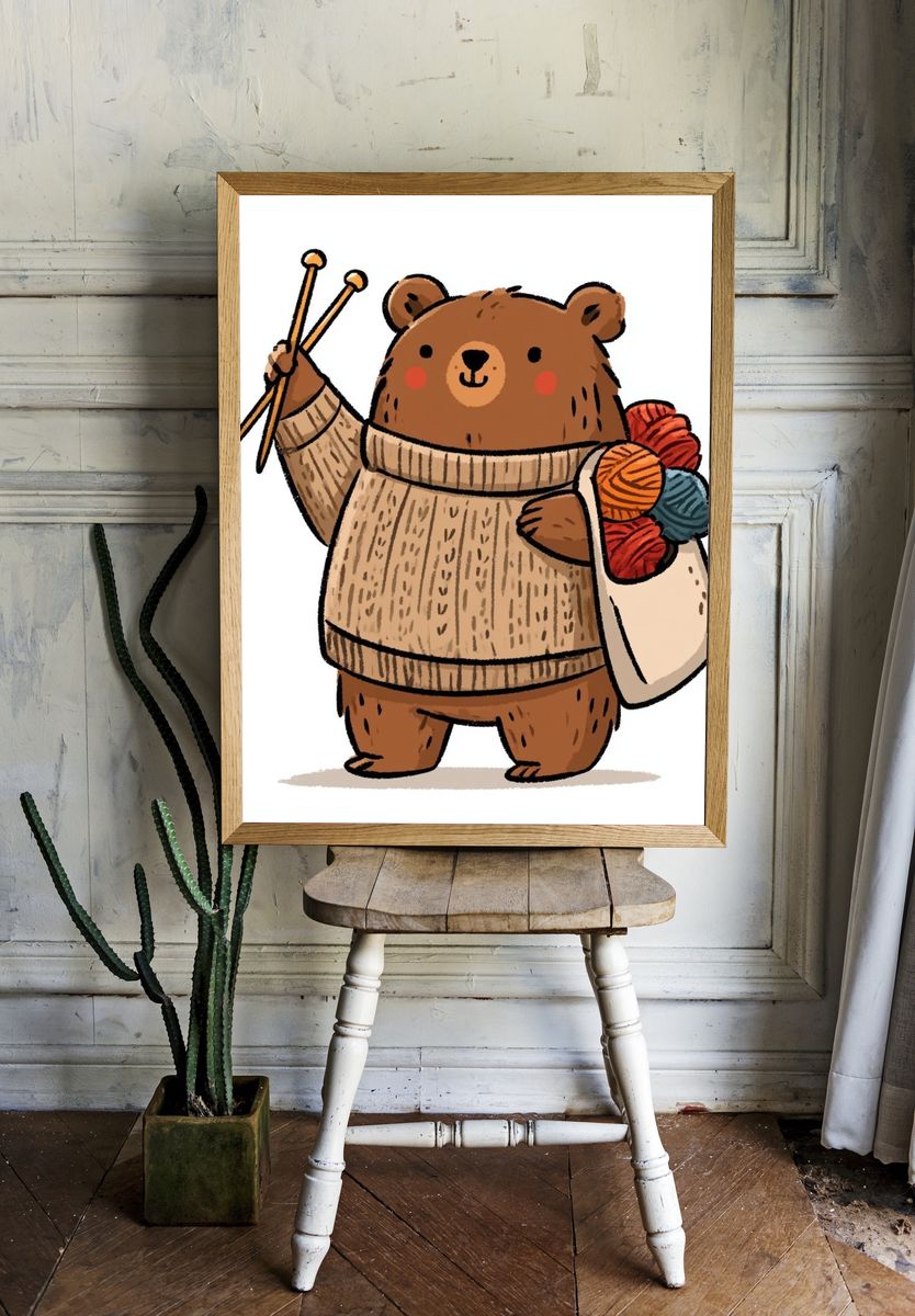 Knitting Bear Illustration Poster. — room view 1