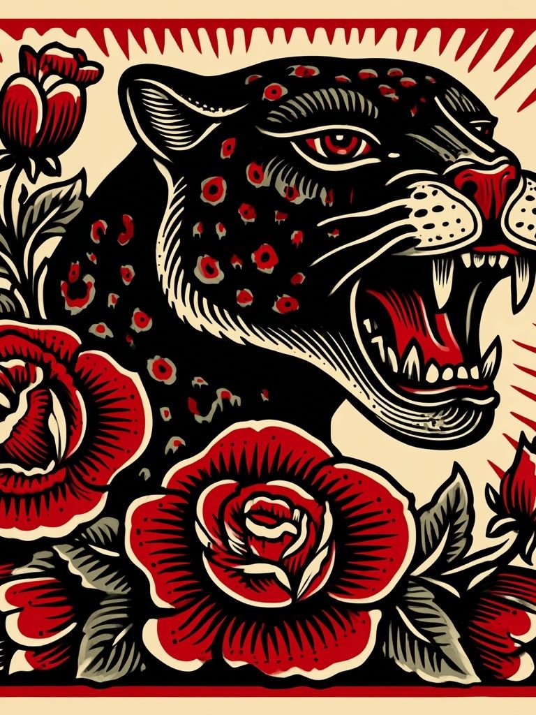 Roaring Panther Floral Print. poster — illustration art