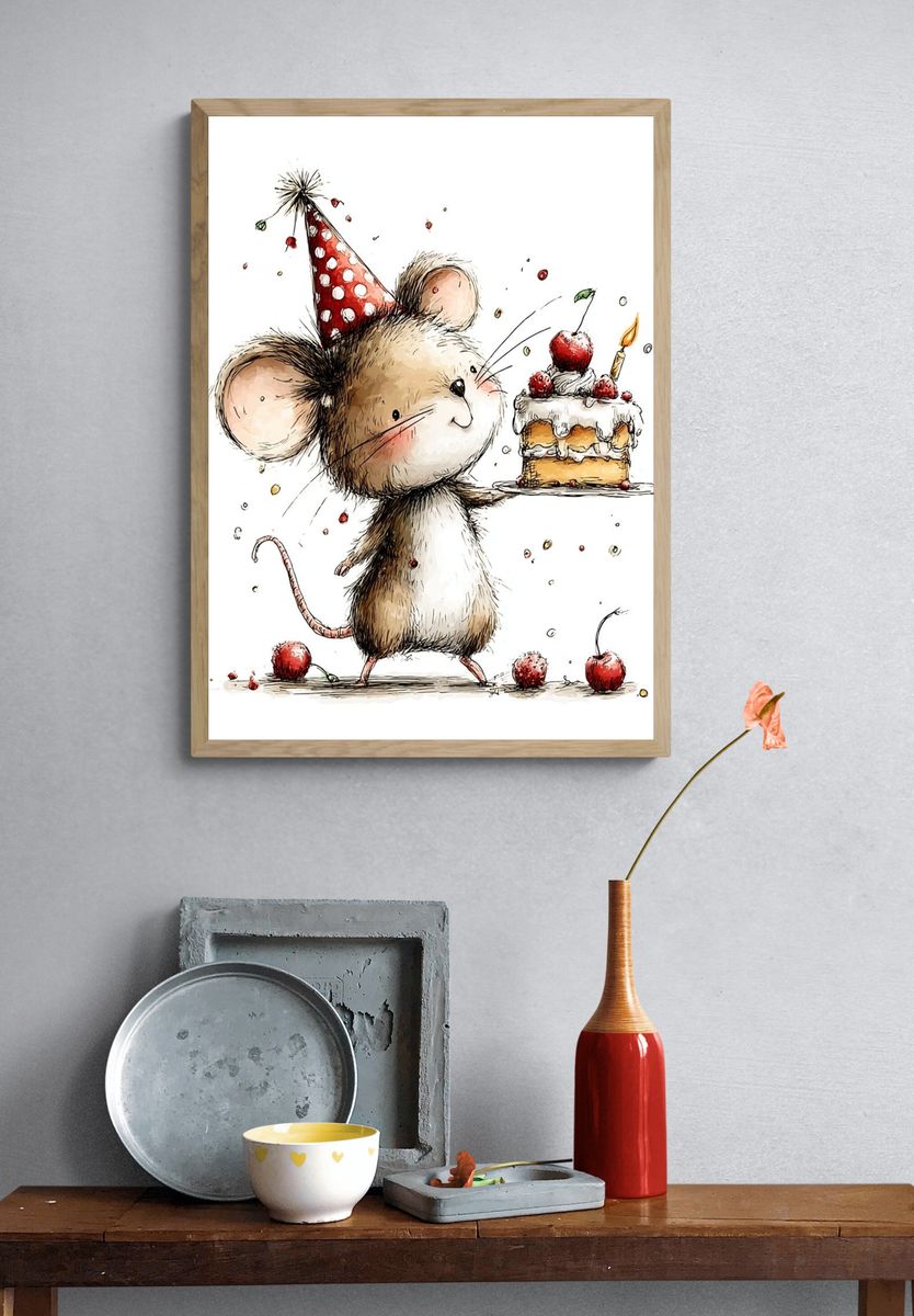 Birthday Mouse Illustration Poster. — room view 3