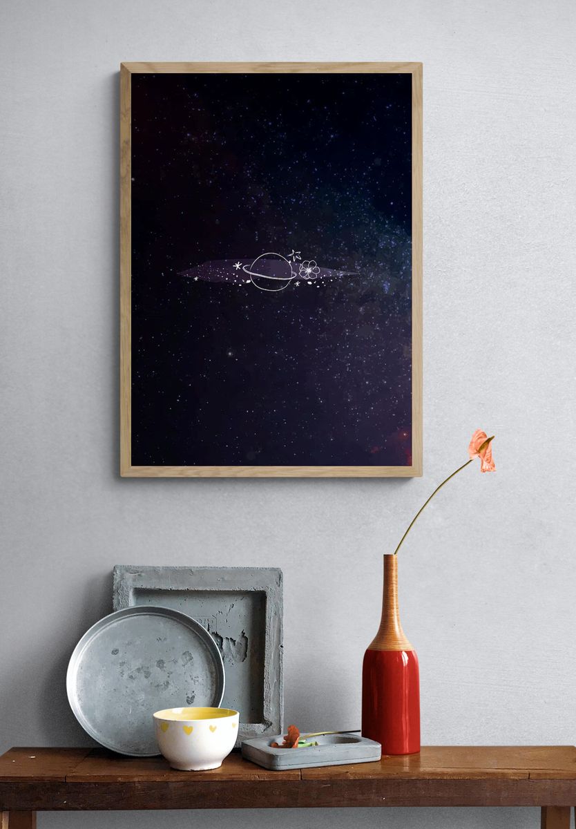 Minimal line art galaxy mobile. — room view 3