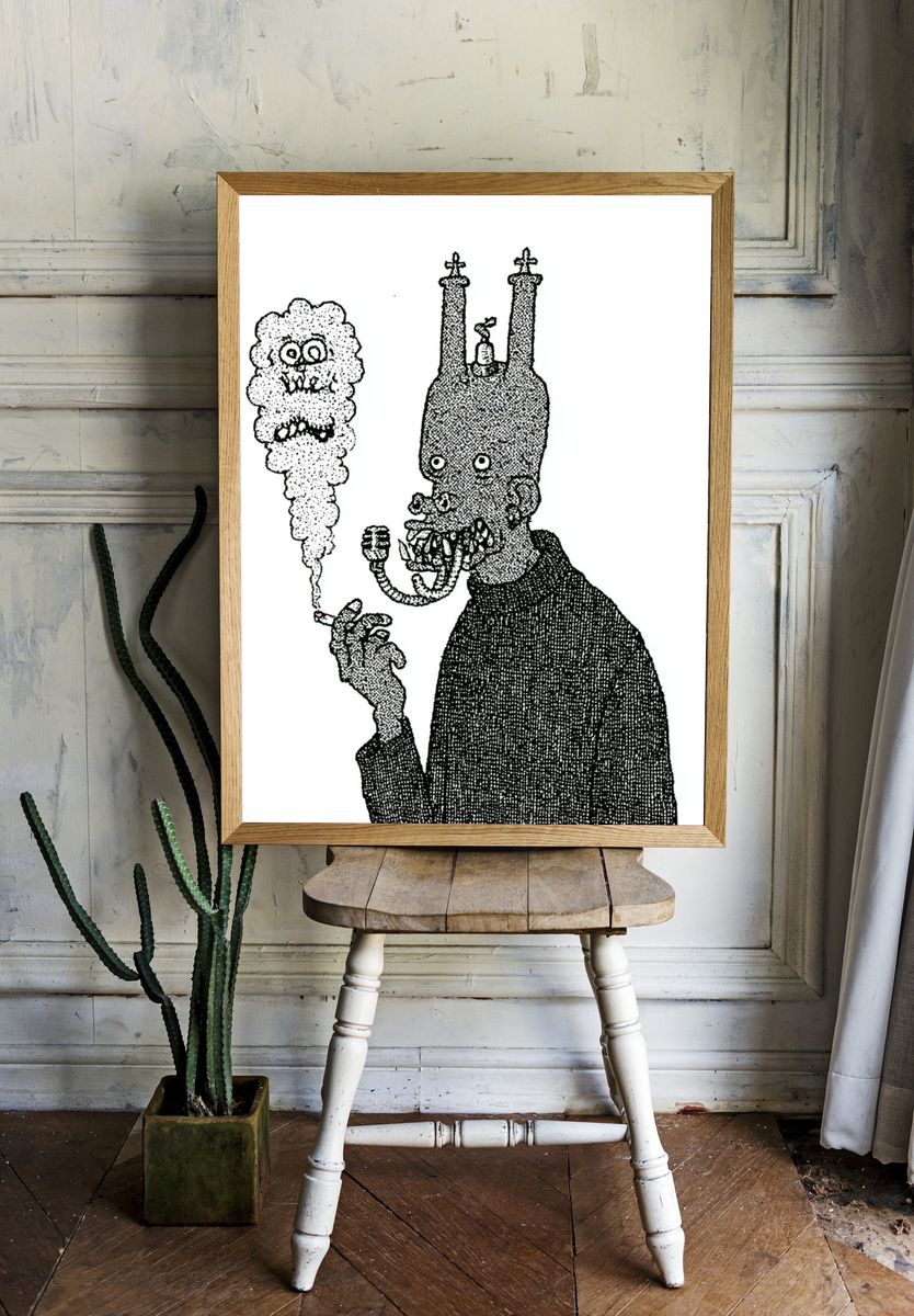 Surreal Smoking Figure Print. room preview