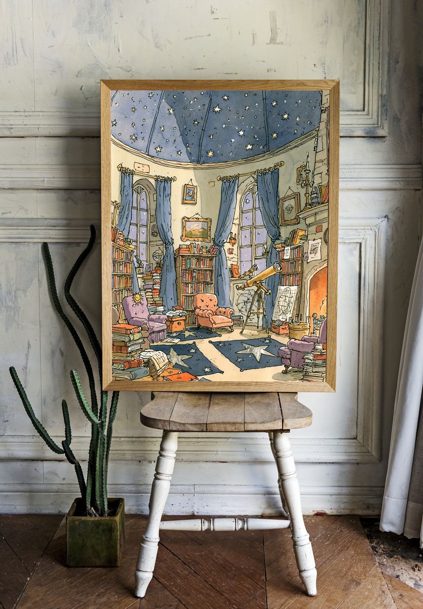 Starry Library Interior Illustration Poster. — room view 1