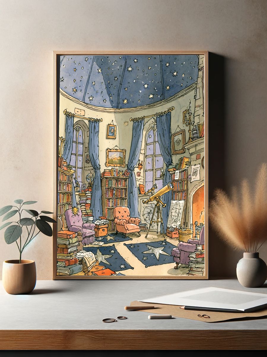Starry Library Interior Illustration Poster. — room view 2