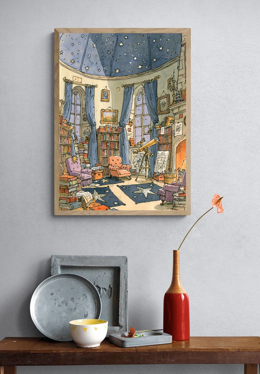 Starry Library Interior Illustration Poster. — room view 3