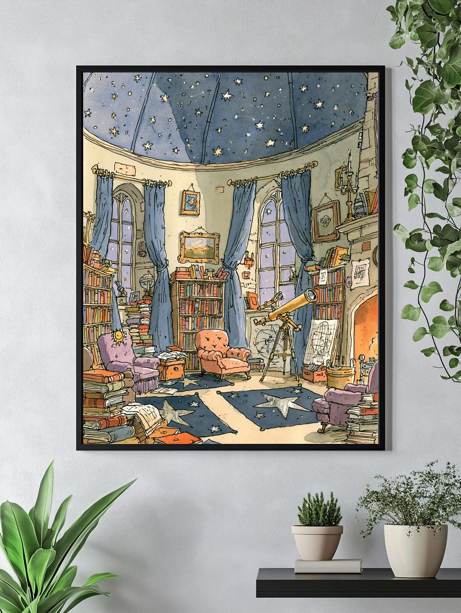 Starry Library Interior Illustration Poster. — room view 4