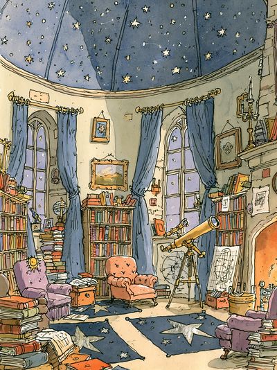Starry Library Interior Illustration Poster. poster print