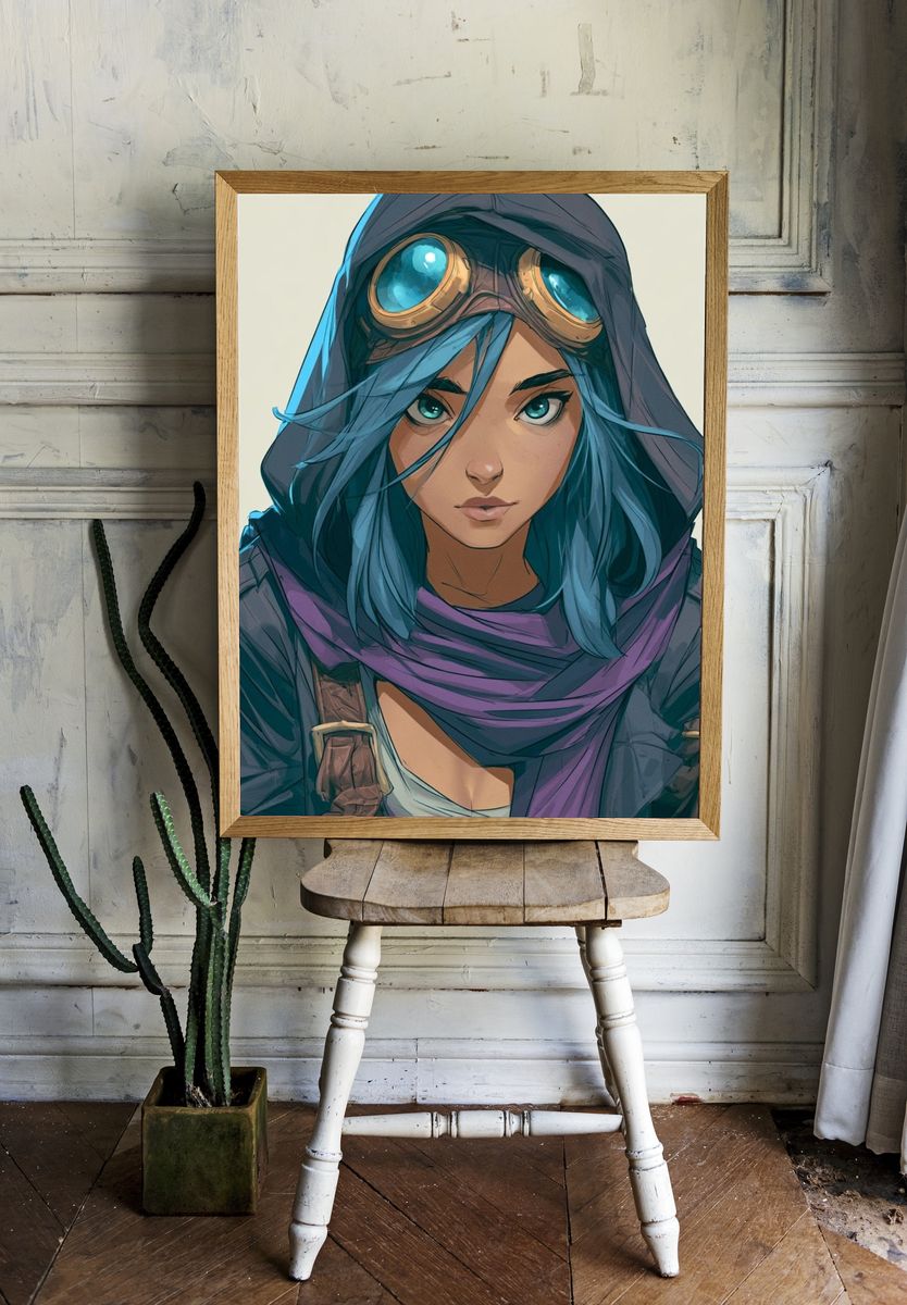 Blue-Haired Adventurer Illustration Poster. room preview